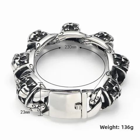 Bracciale da Uomo Punk Hip Hop Teschio in Acciaio al Titanio Vintage Gotico Intagliato a Vite Catena Argento Antico Gioielli