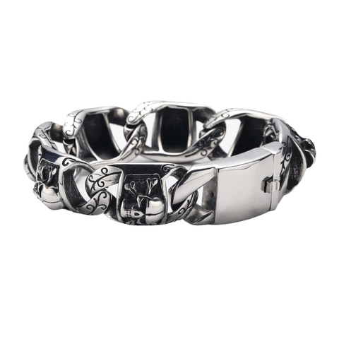 Bracciale da Uomo Punk Hip Hop Teschio in Acciaio al Titanio Vintage Gotico Intagliato a Vite Catena Argento Antico Gioielli