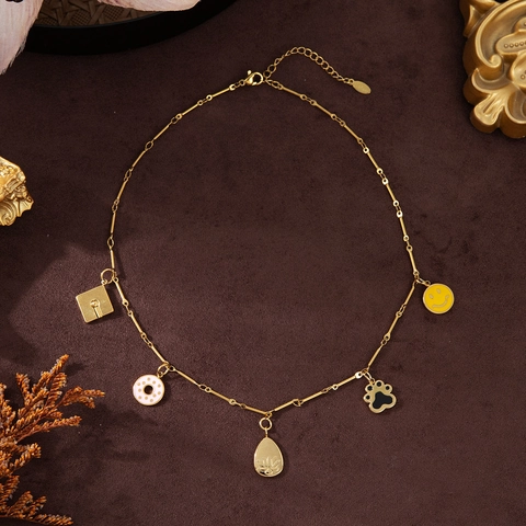 18K Gold Plated Stainless Steel Necklace With Smiley Face Donut Graduation Cap Pendants Fashion Multi Element Jewelry For Women Men Gift