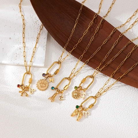 18K Vergoldeter Edelstahl Sternzeichen Anhänger Halskette Für Damen Herren Büroklammerkette Karabinerverschluss Zirkon Böser Blick Schmuck