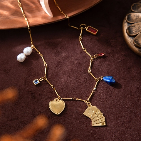 18K Gold Plated Stainless Steel Multi-Pendant Necklace Heart Poker Artificial Pearl Gemstone Vintage Jewelry For Women