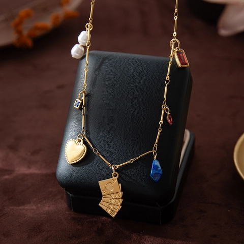 18K Gold Plated Stainless Steel Multi-Pendant Necklace Heart Poker Artificial Pearl Gemstone Vintage Jewelry For Women