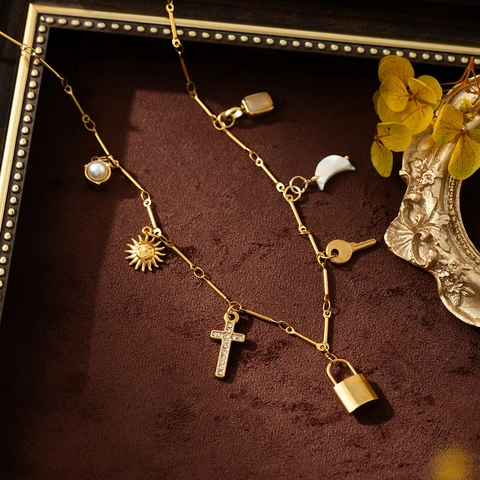 18K Gold Plated Stainless Steel Pendant Necklace For Women Sun Moon Cross Key Lock Artificial Pearl Zirconia Charm Jewelry Gift