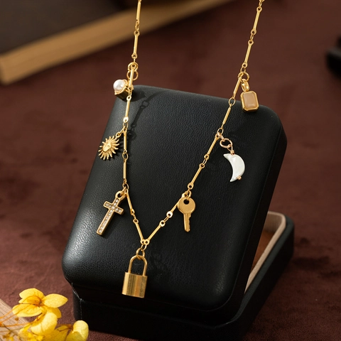 18K Gold Plated Stainless Steel Pendant Necklace For Women Sun Moon Cross Key Lock Artificial Pearl Zirconia Charm Jewelry Gift