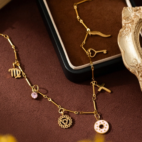 18K Gold Plated Stainless Steel Charm Necklace For Women Virgo Zodiac Cross Key Chili Zirconia Pendant Fashion Jewelry Gift