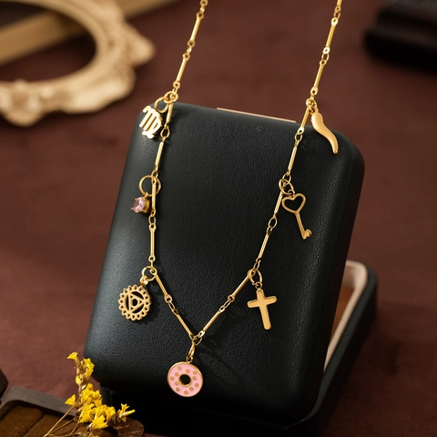 18K Gold Plated Stainless Steel Charm Necklace For Women Virgo Zodiac Cross Key Chili Zirconia Pendant Fashion Jewelry Gift