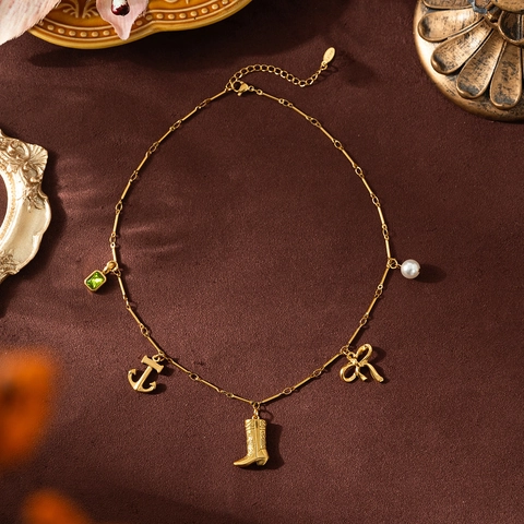 Collana con Pendente in Acciaio Inossidabile Ancora Stivale Fiocco Oro 18K Placcato Strass Perla Artificiale per Uomo Donna