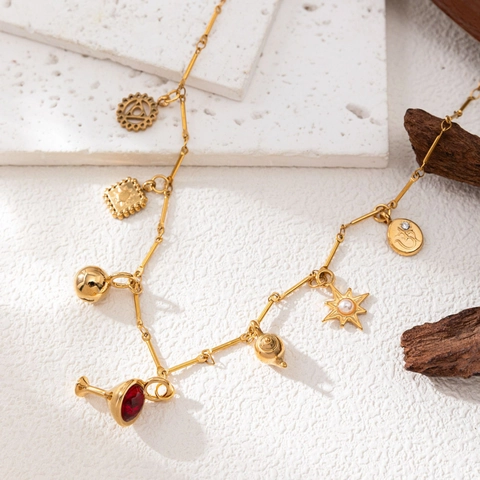 Collar Vintage de Acero Inoxidable Chapado en Oro de 18K Mujer Tetera Copa de Vino Sol Estrella Colgante Joyería de Moda Regalo