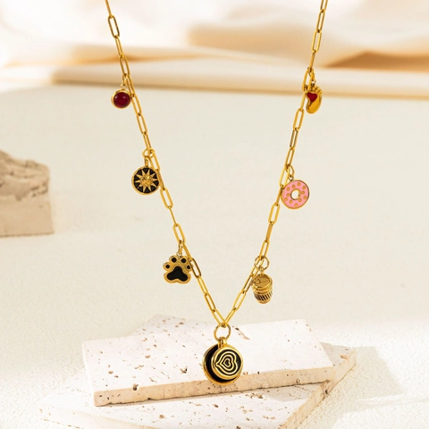 Stainless Steel Zirconia Pendant Necklace For Women Men Gold Donut Sun Bear Paw Coffee Cup Multi Charm Jewelry Fashion Gift