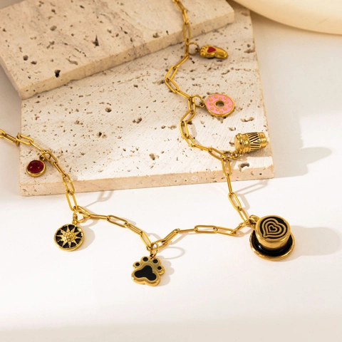 Stainless Steel Zirconia Pendant Necklace For Women Men Gold Donut Sun Bear Paw Coffee Cup Multi Charm Jewelry Fashion Gift