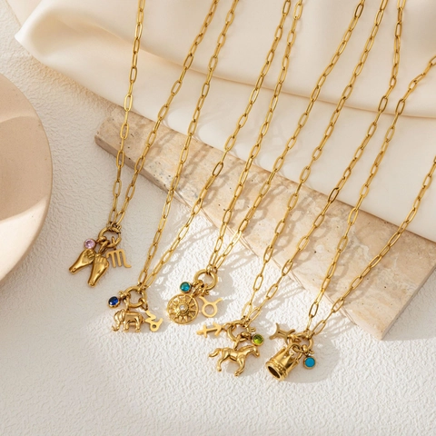 Collana con Pendente Zodiaco Elefante Cavallo in Acciaio Inossidabile Placcato Oro Strass Catena Paperclip Gioielli Unisex