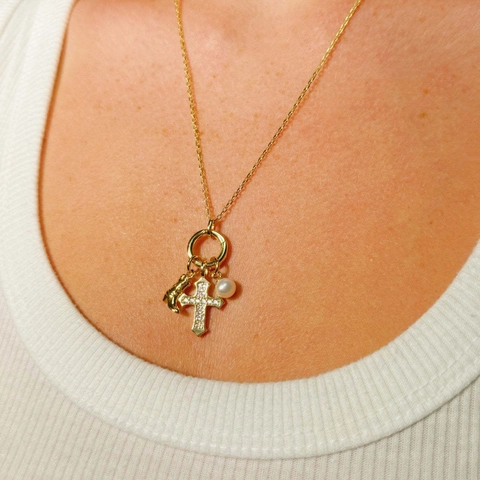 Colgantes DIY de Acero Inoxidable Chapado en Oro de 18K Cruz Corazón Bota de Vaquero Perla Natural Diamante de Imitación Cadenas para Mujer
