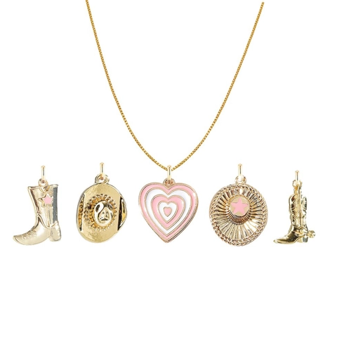Vintage Gold Plated Copper Necklace Western Cowboy Boot Hat Heart Pendant Enamel Pink Star Jewelry For Women Unisex