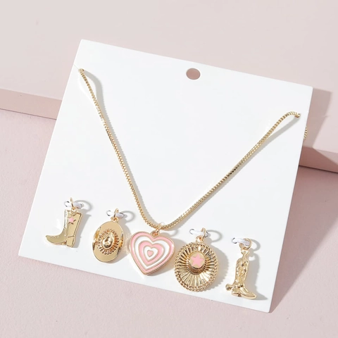 Vintage Gold Plated Copper Necklace Western Cowboy Boot Hat Heart Pendant Enamel Pink Star Jewelry For Women Unisex