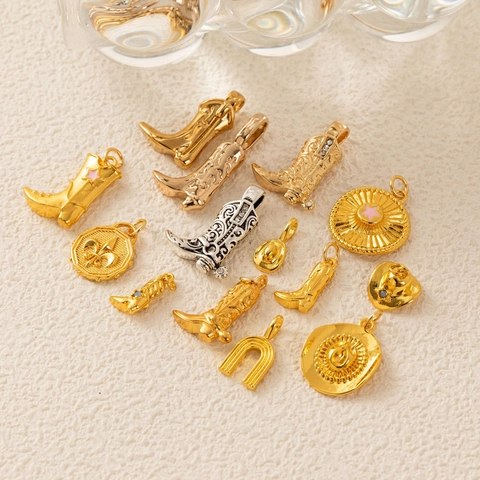 Copper Rhinestone Cowboy Boots Hat Pendant Charm For DIY Western Necklace Jewelry Making Vintage Golden Boots Hat Charms