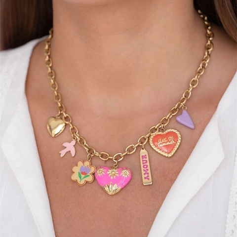 Pastoral Vintage Copper Enamel Heart Pendant Flower Bird Amour Letter Charms For DIY Necklace Bracelet Jewelry Making Women