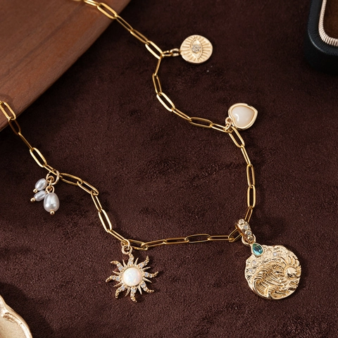 Bohemian Gold Plated Copper Paperclip Chain Necklace For Women With Multi-Pendant Heart Sun Devil's Eye Artificial Pearl Jewelry