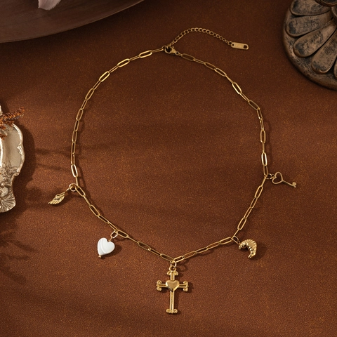 Vintage 18K Gold Plated Titanium Steel Necklace For Women Heart Cross Moon Wings Key Charms Paperclip Chain Jewelry Gift