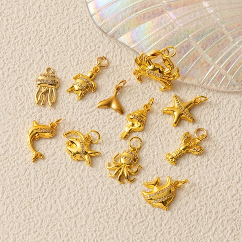 Ocean Theme Gold Plated Copper Marine Animal Charms Rhinestone Starfish Turtle Jellyfish Pendants For DIY Jewelry Making