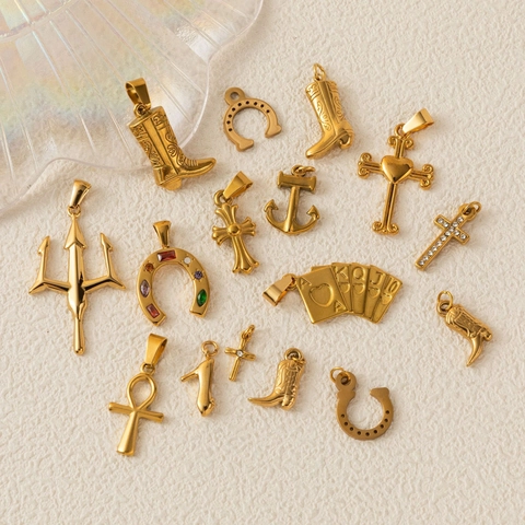 Stainless Steel Gold Pendants For Jewelry Making Cross Cowboy Boot Horseshoe Anchor Trident Ankh Rhinestone DIY Charms