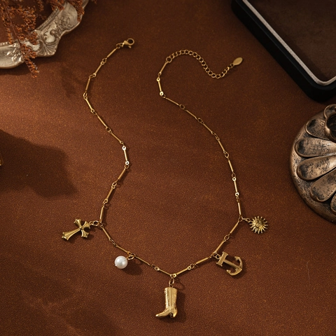 Vintage Stainless Steel Pendant Necklace 18K Gold Plated Cross Sun Anchor Cowboy Boot Artificial Pearl Charms Unisex Boho Jewelry