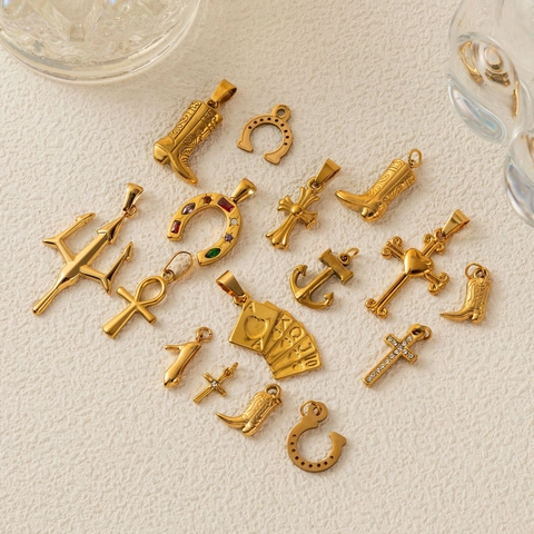 Stainless Steel Gold Pendants For Jewelry Making Cross Cowboy Boot Horseshoe Anchor Trident Ankh Rhinestone DIY Charms