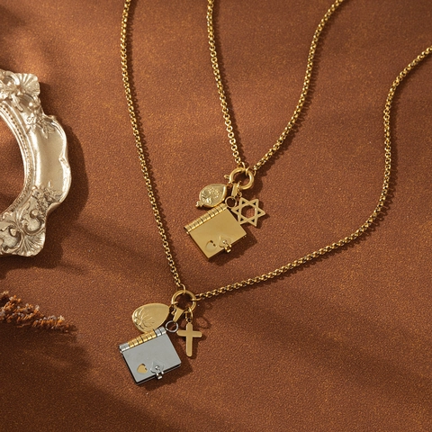 Collana con Pendente in Acciaio Inossidabile Placcato Oro 18K Vintage per Donna Uomo Libro Cuore Croce Albero Vita Gioielli