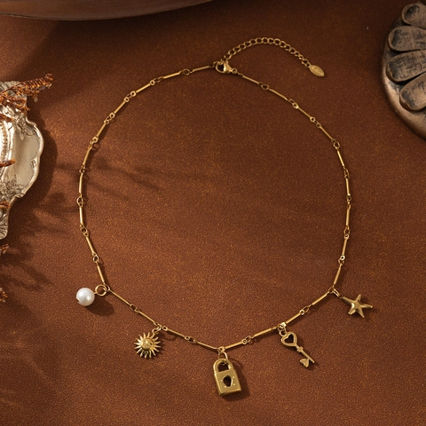 Vintage Stainless Steel Multi-Charm Necklace For Women Gold Plated Starfish Sun Lock Key Artificial Pearl Pendant Jewelry