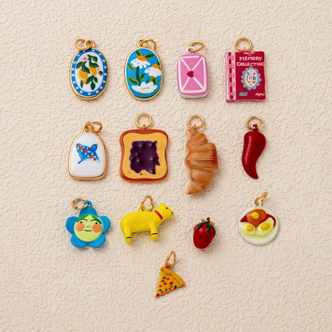 Vintage Copper Drip Oil Enamel DIY Pendants For Jewelry Making Bear Croissant Pizza Food Animal Charms Fashion Necklace Accessory