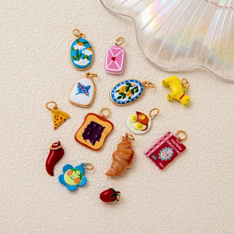 Vintage Copper Drip Oil Enamel DIY Pendants For Jewelry Making Bear Croissant Pizza Food Animal Charms Fashion Necklace Accessory