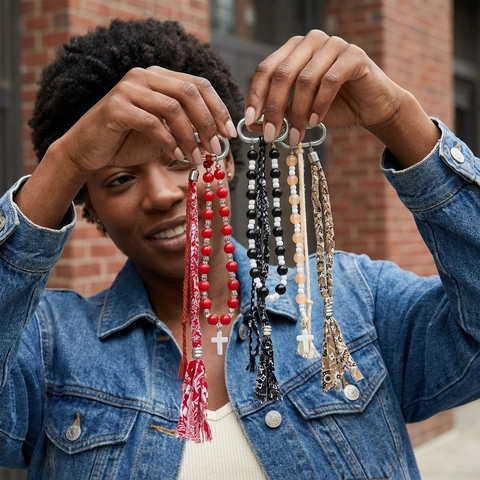 Bohemian Perlen Quaste Kreuz Schlüsselanhänger Für Damen Ethnischen Stil Taschenanhänger Kupfer Metall Schlüsselring Bedruckte Stoff Fransen Anhänger