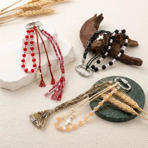 Bohemian Perlen Quaste Kreuz Schlüsselanhänger Für Damen Ethnischen Stil Taschenanhänger Kupfer Metall Schlüsselring Bedruckte Stoff Fransen Anhänger