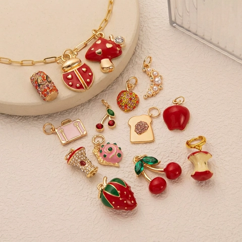 Collar con Colgante de Cobre Esmaltado de Fruta e Insecto a la Moda Chapado en Oro con Strass Joyería DIY Collar para Mujer