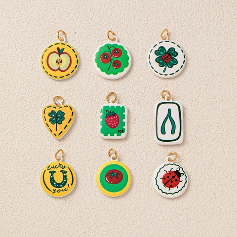 Vintage Kupfer Emaille Herz Klee Tomate Marienkäfer Anhänger Halskette Für Damen Glücksfrucht Anhänger Halskette DIY Schmuck Goldene Halskette