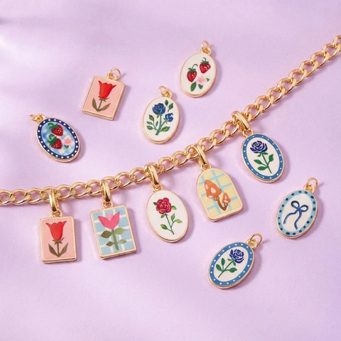 Collana Con Ciondolo Quadrato in Smalto Fiore Di Nascita Vintage Per Donna Gioielli Fai-Da-Te In Rame Placcato Oro Rosa Fragola