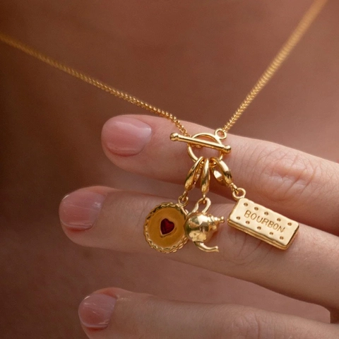 Collana Con Pendente a Forma di Biscotto Teiera Cuore in Acciaio Inossidabile Placcato Oro 18K per Donna Gioielli