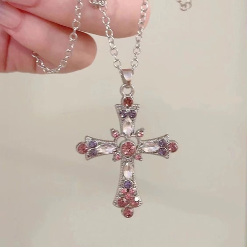 Collana con Pendente a Croce Y2K Gotico Rosa Blu Strass Vintage in Lega Girocollo per Donna Gioielli Sweet Cool