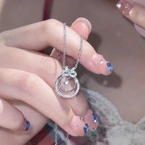 Korean Style Zinc Alloy Bowknot Double Ring Pendant Necklace With Faux Moonstone Zircon Silver Tone Neck Jewelry For Women