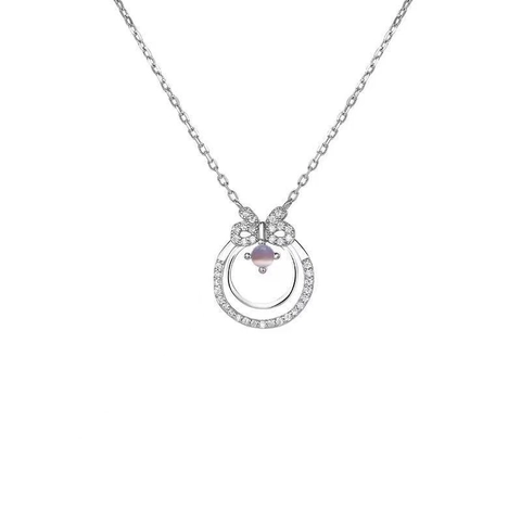 Korean Style Zinc Alloy Bowknot Double Ring Pendant Necklace With Faux Moonstone Zircon Silver Tone Neck Jewelry For Women