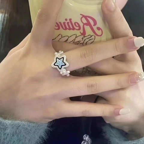 Anillo de Estrella Personalizado Hip Hop Anillo de Cara Smiley Esmaltado Azul Claro Cobre Abierto Ajustable Joyería de Moda