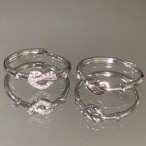 Bagues Ouvertes Ajustables en Alliage Nœud en Cœur pour Couples Plaquées Argent avec Zircone Bijoux Cadeau de Saint-Valentin