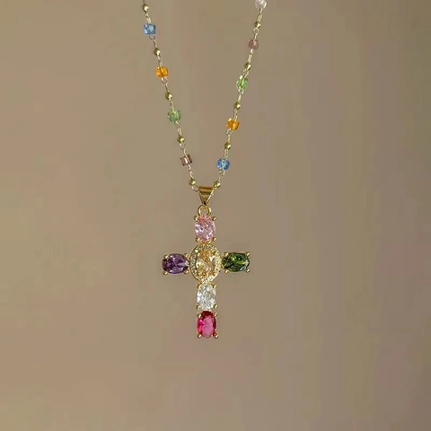 Vintage Mehrfarbig Kristall Kreuz Anhänger Halskette Zinklegierung Vergoldet Kette Zirkonia Choker Für Damen Schmuck