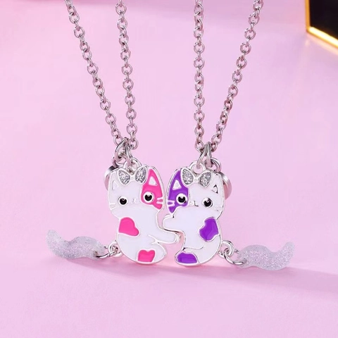 Collane con Ciondolo a Forma di Gatto BFF per Ragazze in Lega di Zinco Smalto Strass Best Friend Forever Gioielli Abbinati