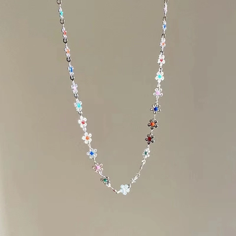 Sweet Multicolor Zinc Alloy Flower Necklace Enameled Floral Beaded Chain Choker For Women Summer Daily Party Jewelry