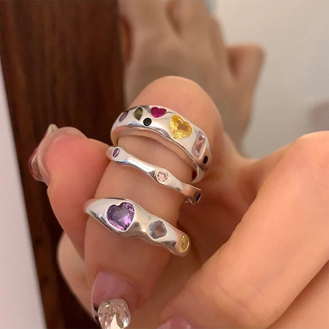 Onregelmatige Zinklegering Ring Met Gekleurde Zirkonia Vintage Hart Geometrische Verstelbare Open Vingerring Dames Sieraden