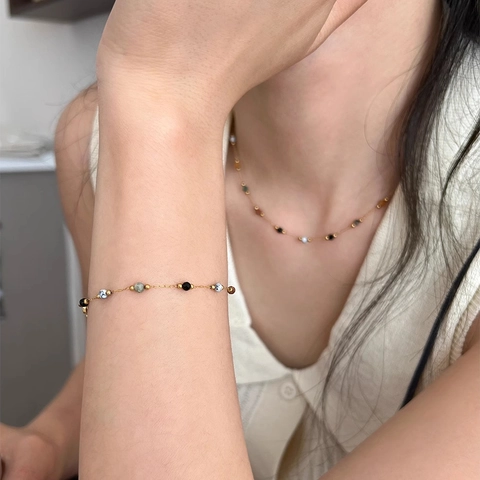 Collier Bracelet Et Bracelet De Cheville En Alliage D'or Minimaliste Avec Perles Colorées Pour Femme Bijoux De Mode En Pierre Multicolore