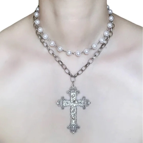 Gothic Barock Kreuz Anhänger Halskette Mehrlagig Layered Halsketten Für Damen Künstliche Perle Zinklegierung Silberfarben Punk Schmuck