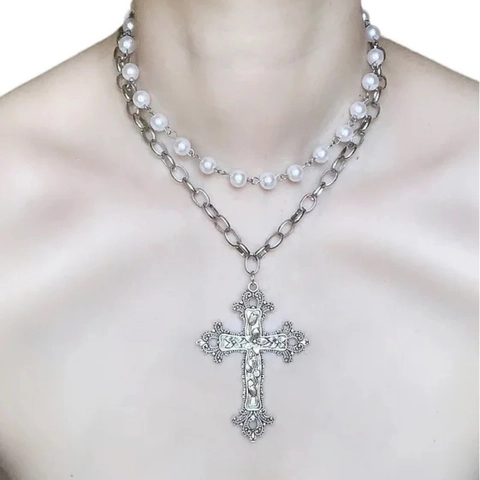Gothic Barock Kreuz Anhänger Halskette Mehrlagig Layered Halsketten Für Damen Künstliche Perle Zinklegierung Silberfarben Punk Schmuck