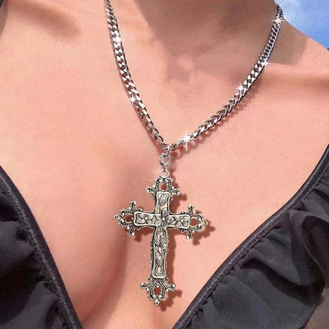 Gothic Vintage Kruis Hanger Halsketting Zinklegering Bloem Rank Gesneden Groot Crucifix Punk Hip Hop Sieraden Voor Unisex