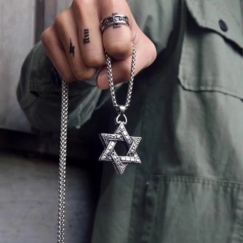 Vintage Hip Hop Hexagram Star Pendant Necklace For Men Retro Antique Silver Color Zinc Alloy Box Chain Heavy Metal Jewelry